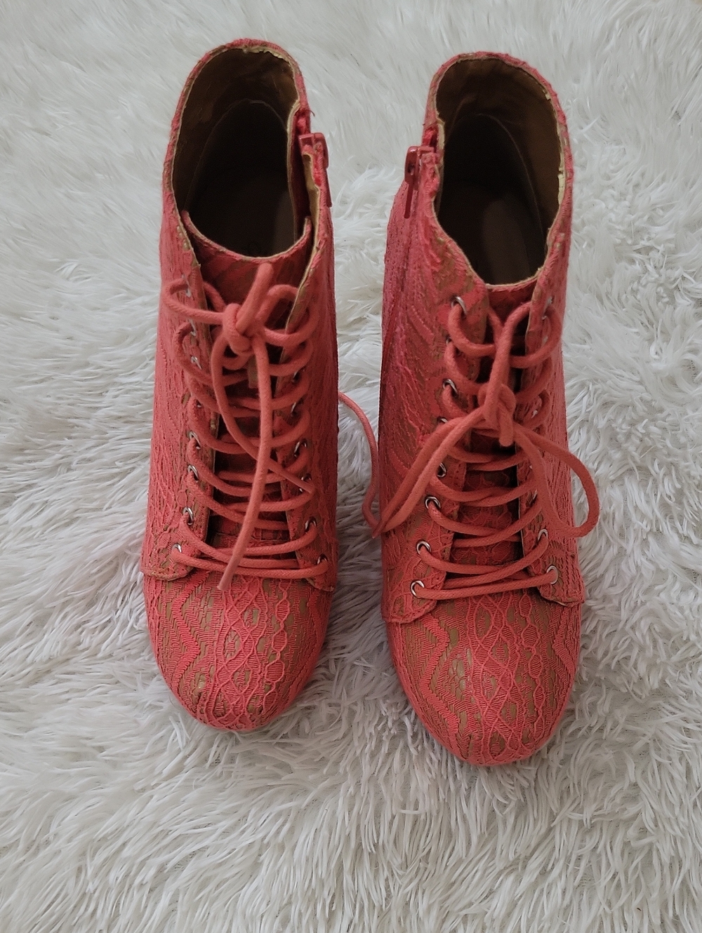 Qupid Coral Lace-Up Ankle Boots in Coral Pink